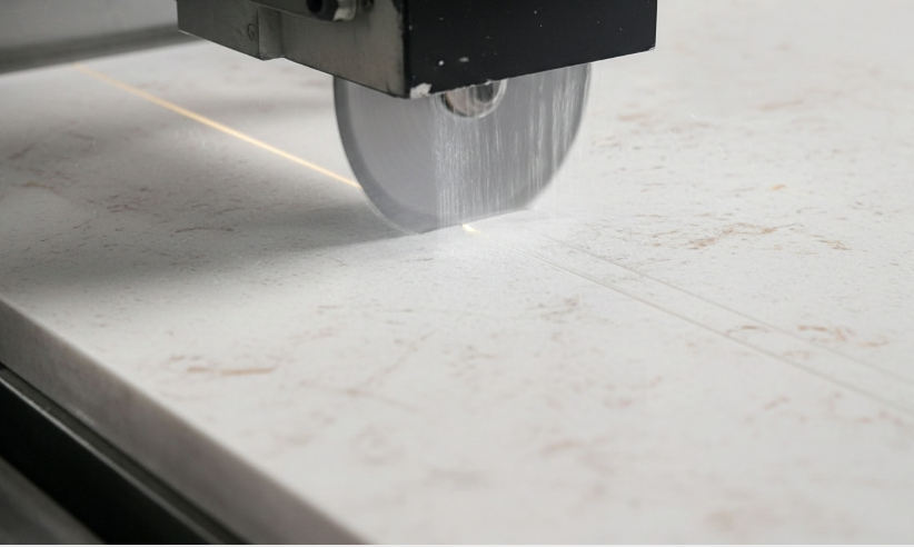 Worker cutting thin stacked stone veneer panels with precision tools