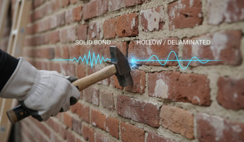 stone veneer panels being installed over existing brick wall for exterior cladding renovation