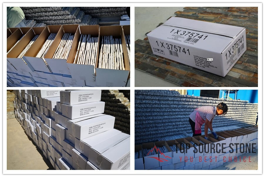 Cartons containing split face mosaic tiles for construction and design projects