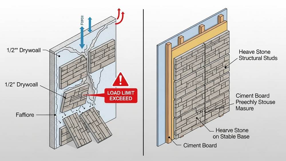 Drywall sagging and cracking under the weight of stacked stone panels in interior wall installation