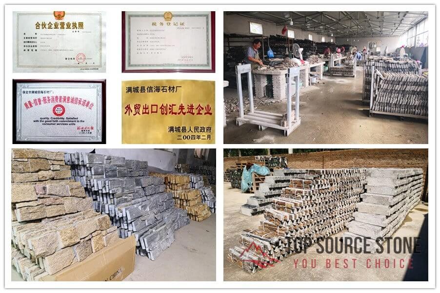 Interior view of a factory producing cement stacked stone ledger panels.