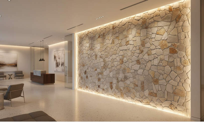 Variety of natural stacked stone veneers including slate and quartzite for walls and facades
