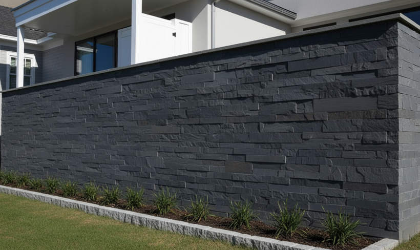 Variety of natural stacked stone veneers including slate and quartzite panels for walls