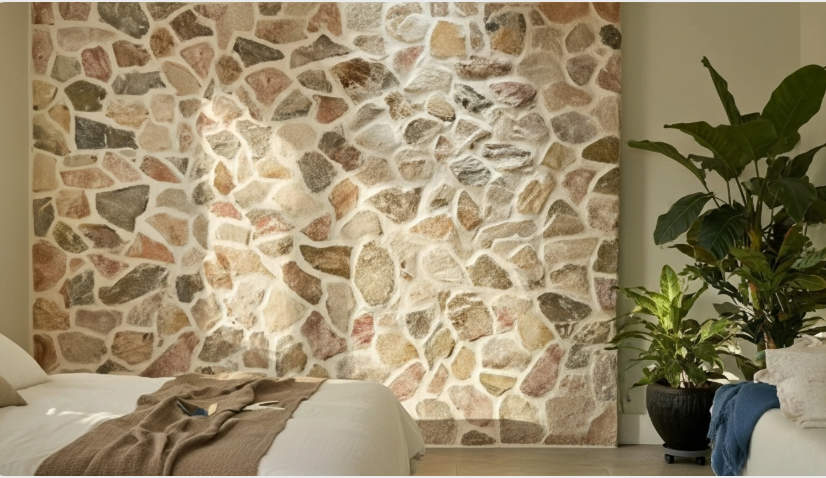 Living room with layered stacked stone accent walls around a fireplace