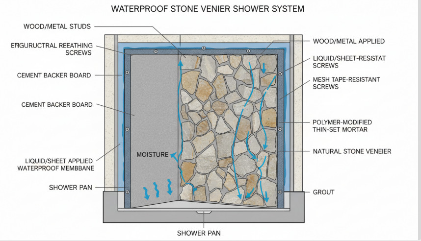 Interior wall with thin stone veneer installed over drywall, showing layered natural stone panels
