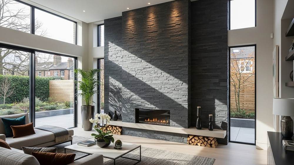 Minimalist living room with a split face slate feature wall behind a modern fireplace