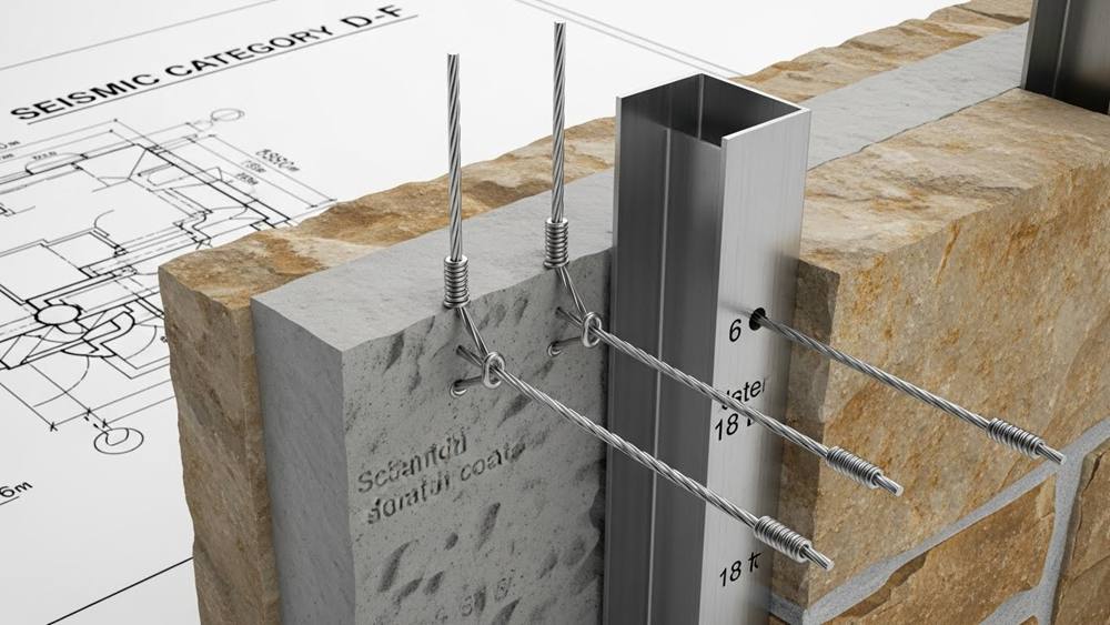 3D rendering of mechanical anchorage system securing heavy stacked stone panels