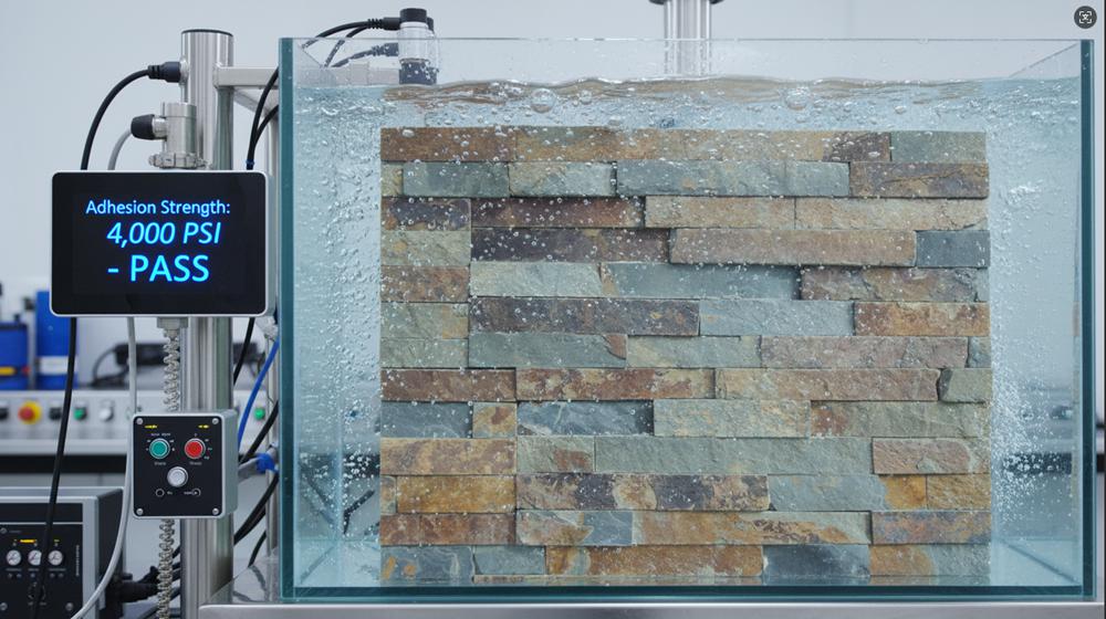Close-up of stacked stone installation on a wall in a high-moisture environment