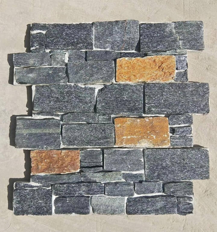 Elegant Black Quartz Stacked Stone A close-up view of black quartz stacked stone panels.
