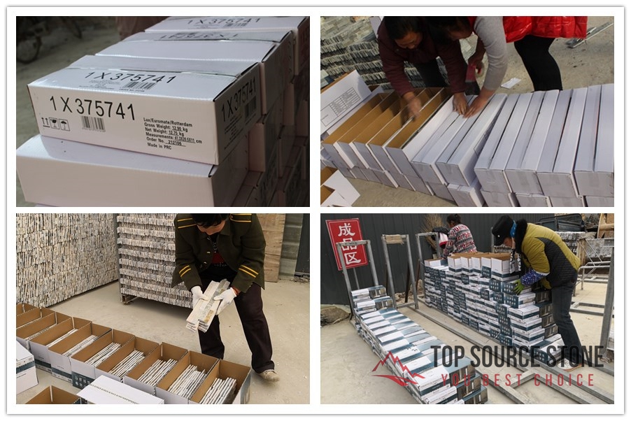 Stacked stone ledger panels in cartons for interior decor
